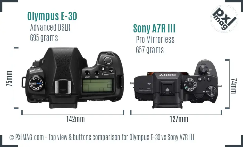 Olympus E-30 vs Sony A7R III top view buttons comparison