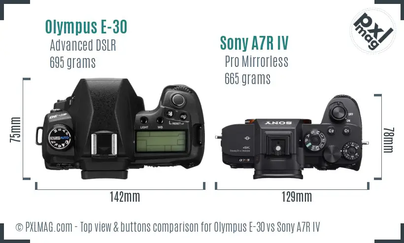 Olympus E-30 vs Sony A7R IV top view buttons comparison