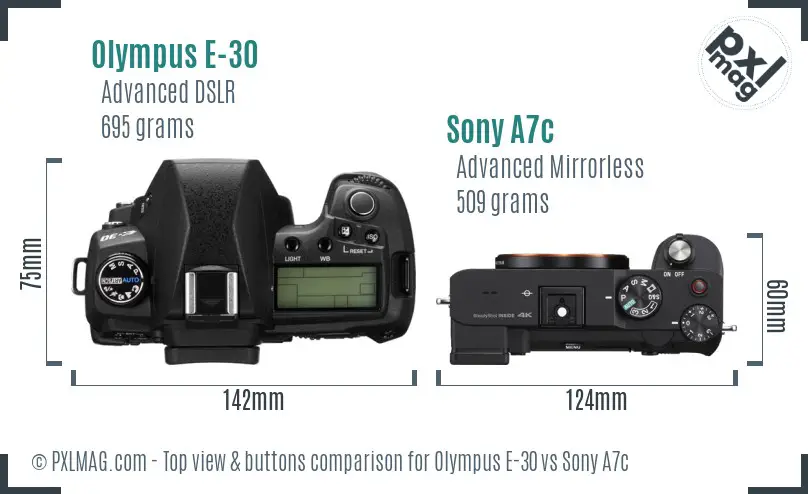 Olympus E-30 vs Sony A7c top view buttons comparison
