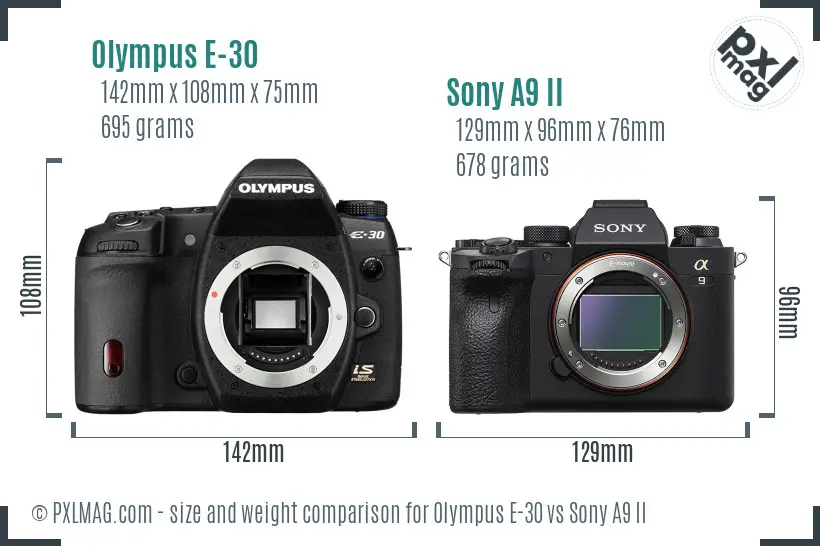 Olympus E-30 vs Sony A9 II size comparison