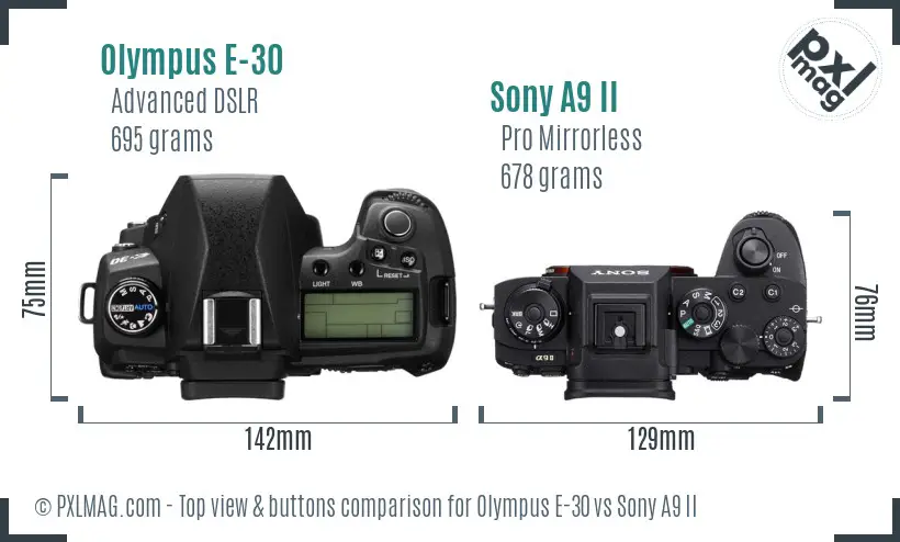 Olympus E-30 vs Sony A9 II top view buttons comparison