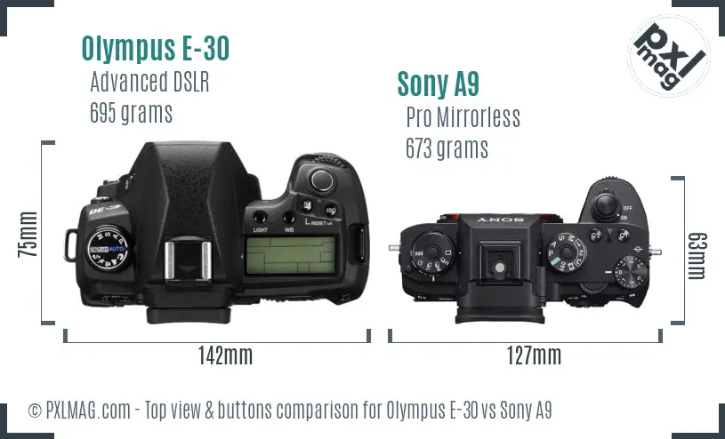 Olympus E-30 vs Sony A9 top view buttons comparison