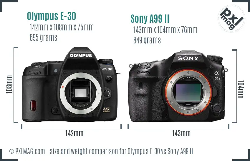 Olympus E-30 vs Sony A99 II size comparison