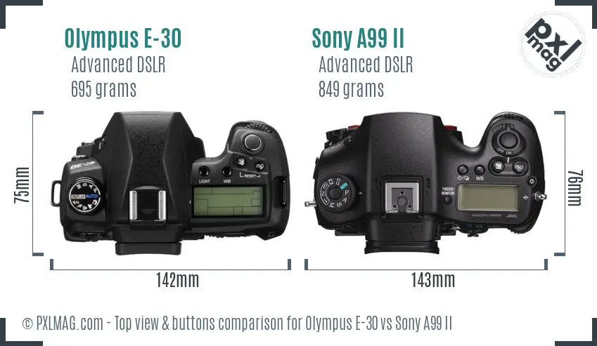 Olympus E-30 vs Sony A99 II top view buttons comparison
