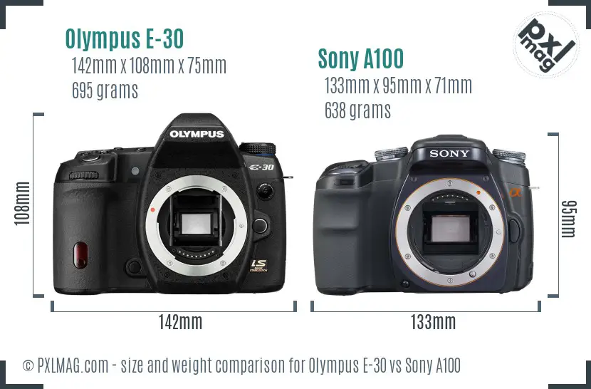 Olympus E-30 vs Sony A100 size comparison