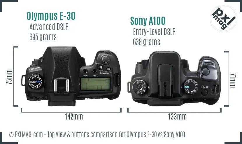 Olympus E-30 vs Sony A100 top view buttons comparison