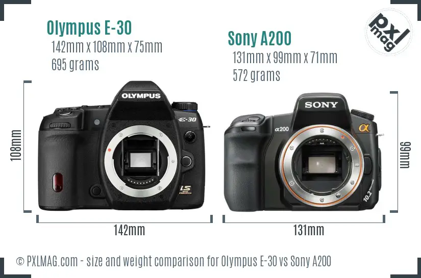 Olympus E-30 vs Sony A200 size comparison