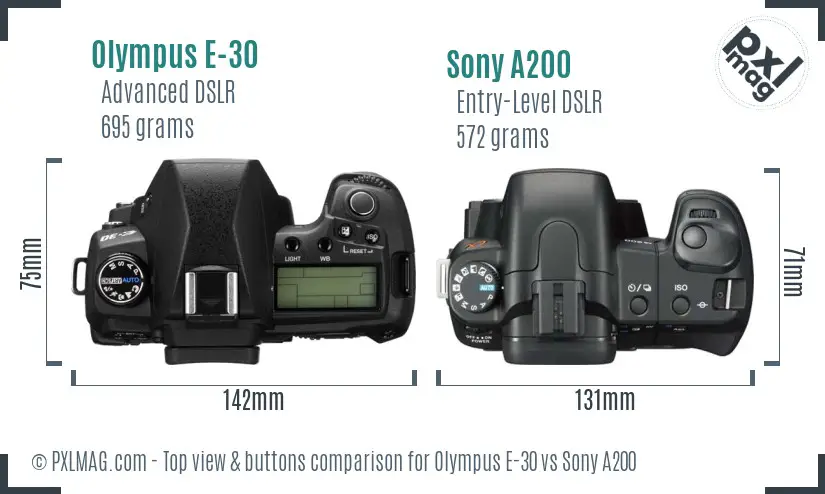 Olympus E-30 vs Sony A200 top view buttons comparison