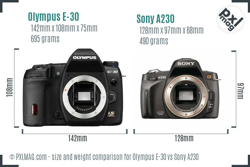 Olympus E-30 vs Sony A230 size comparison