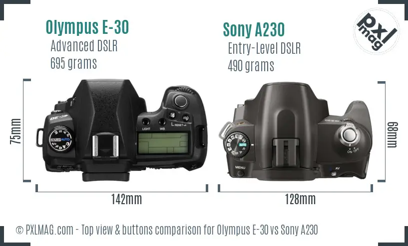 Olympus E-30 vs Sony A230 top view buttons comparison