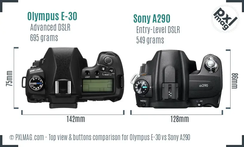 Olympus E-30 vs Sony A290 top view buttons comparison