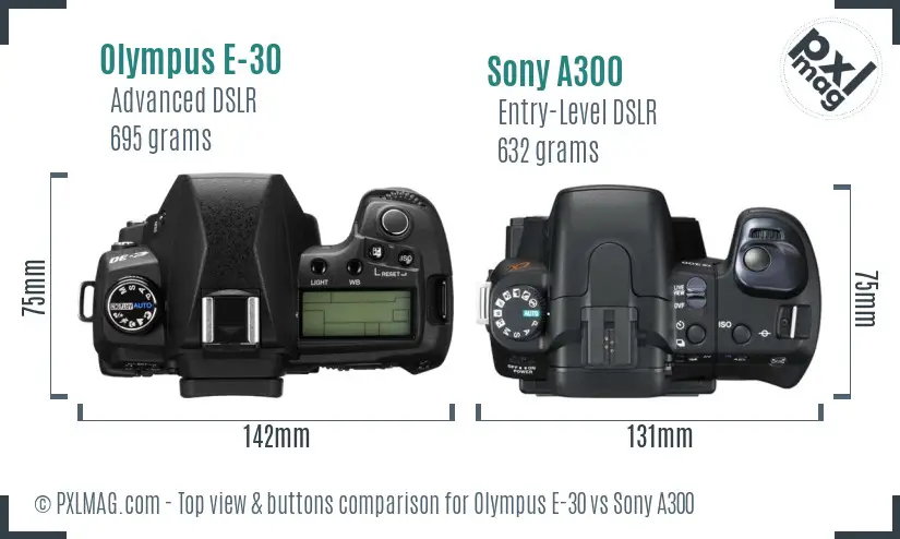 Olympus E-30 vs Sony A300 top view buttons comparison