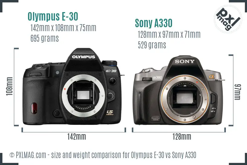 Olympus E-30 vs Sony A330 size comparison