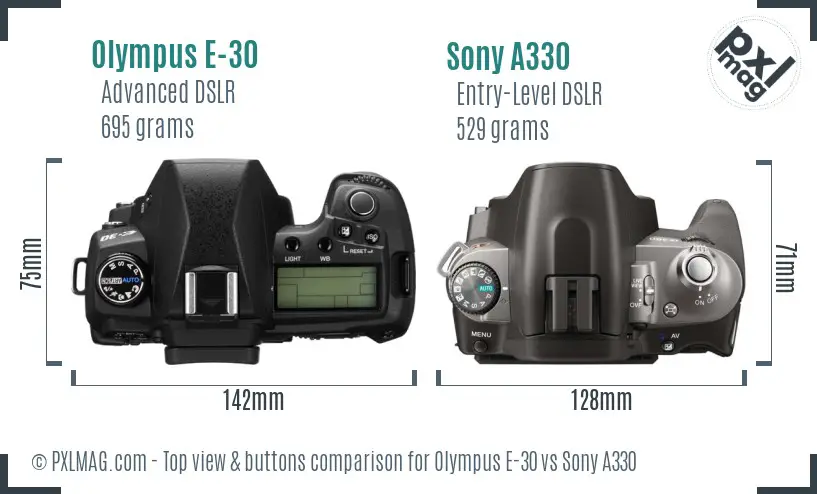Olympus E-30 vs Sony A330 top view buttons comparison