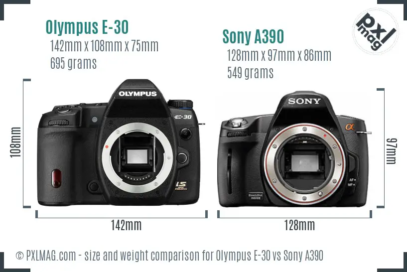 Olympus E-30 vs Sony A390 size comparison