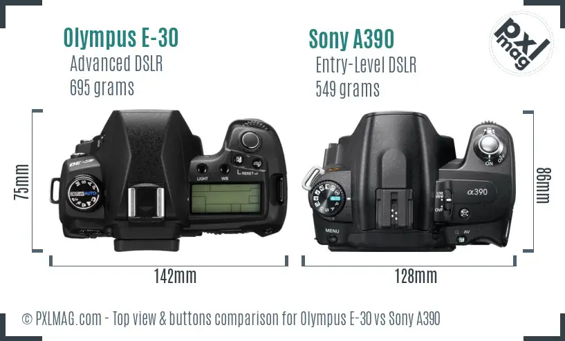 Olympus E-30 vs Sony A390 top view buttons comparison