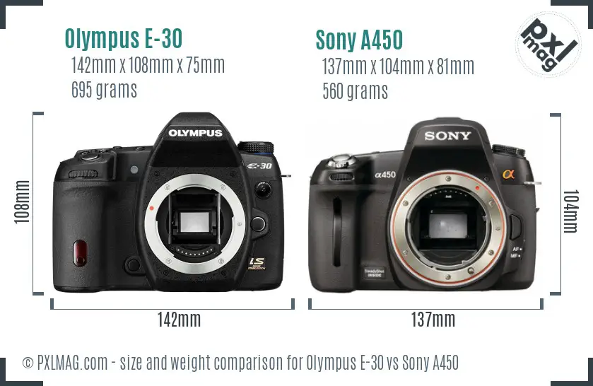 Olympus E-30 vs Sony A450 size comparison