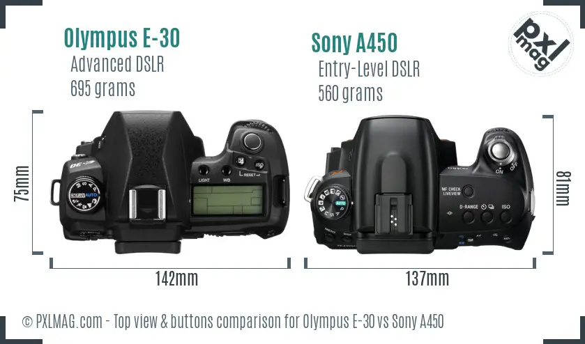 Olympus E-30 vs Sony A450 top view buttons comparison