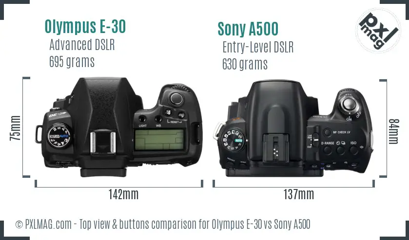 Olympus E-30 vs Sony A500 top view buttons comparison Olympus E-30 vs Sony A500 top view buttons comparison