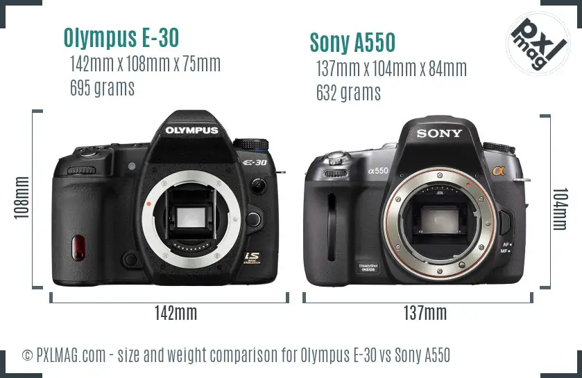 Olympus E-30 vs Sony A550 size comparison