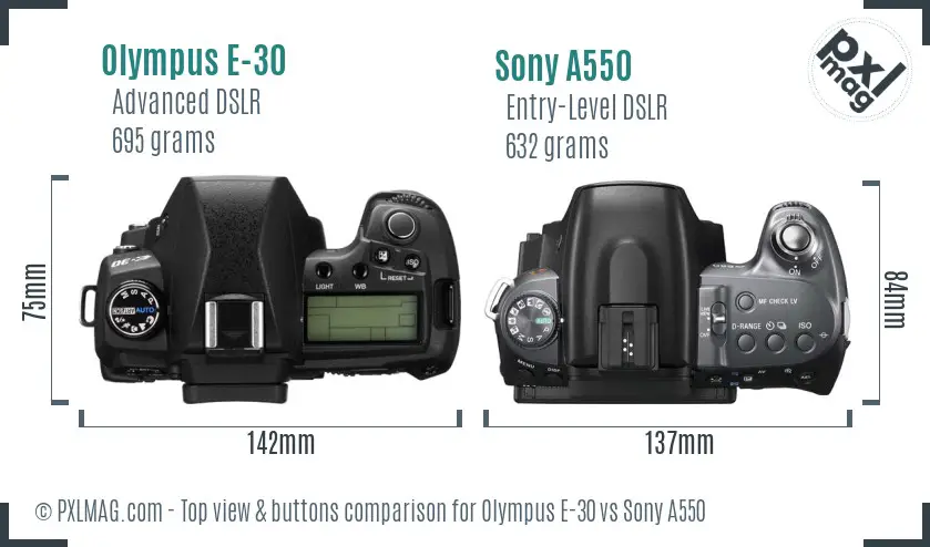 Olympus E-30 vs Sony A550 top view buttons comparison