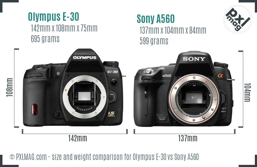 Olympus E-30 vs Sony A560 size comparison