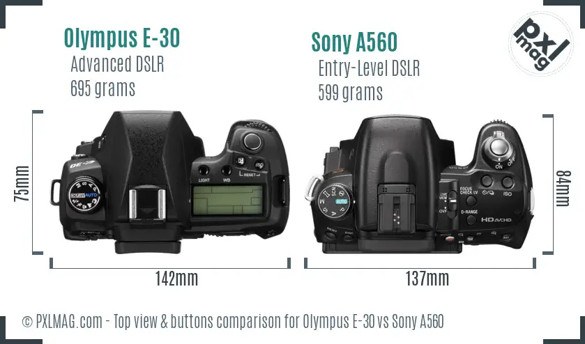 Olympus E-30 vs Sony A560 top view buttons comparison