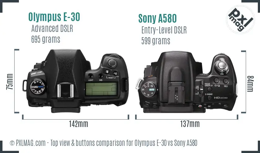 Olympus E-30 vs Sony A580 top view buttons comparison