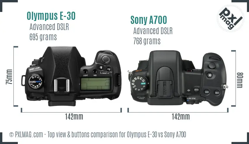 Olympus E-30 vs Sony A700 top view buttons comparison