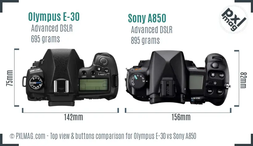 Olympus E-30 vs Sony A850 top view buttons comparison