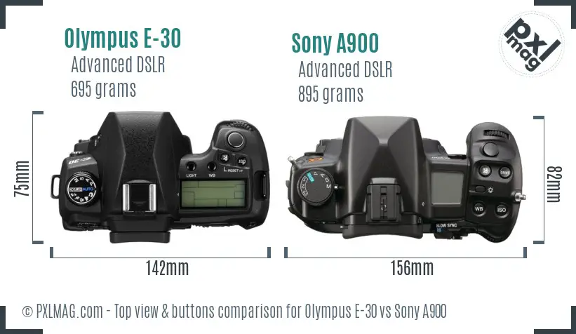 Olympus E-30 vs Sony A900 top view buttons comparison