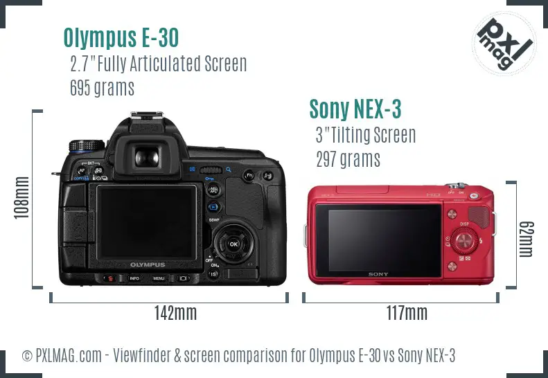 Olympus E-30 vs Sony NEX-3 Screen and Viewfinder comparison