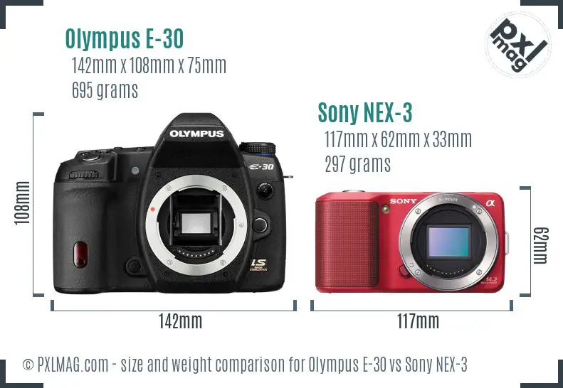 Olympus E-30 vs Sony NEX-3 size comparison