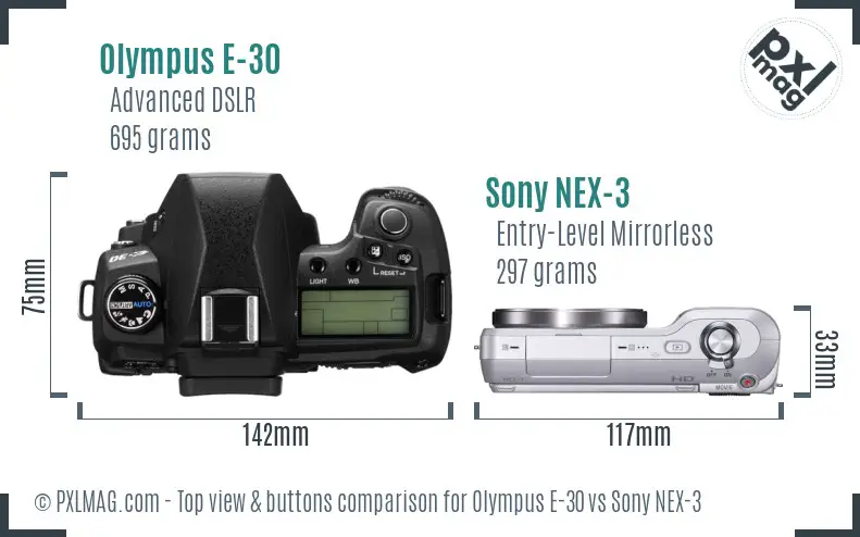 Olympus E-30 vs Sony NEX-3 top view buttons comparison