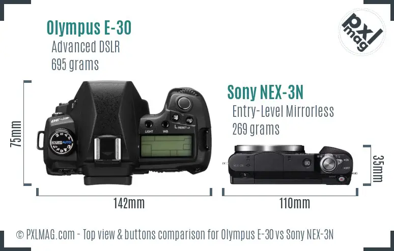 Olympus E-30 vs Sony NEX-3N top view buttons comparison