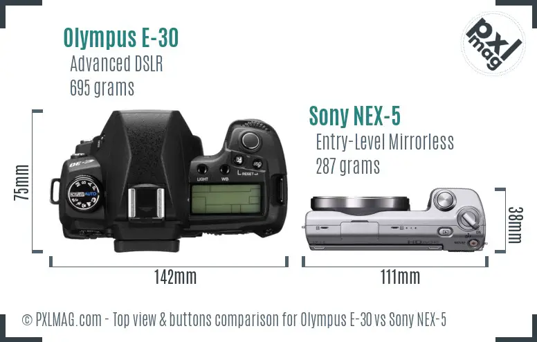 Olympus E-30 vs Sony NEX-5 top view buttons comparison