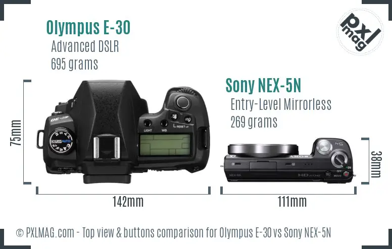 Olympus E-30 vs Sony NEX-5N top view buttons comparison