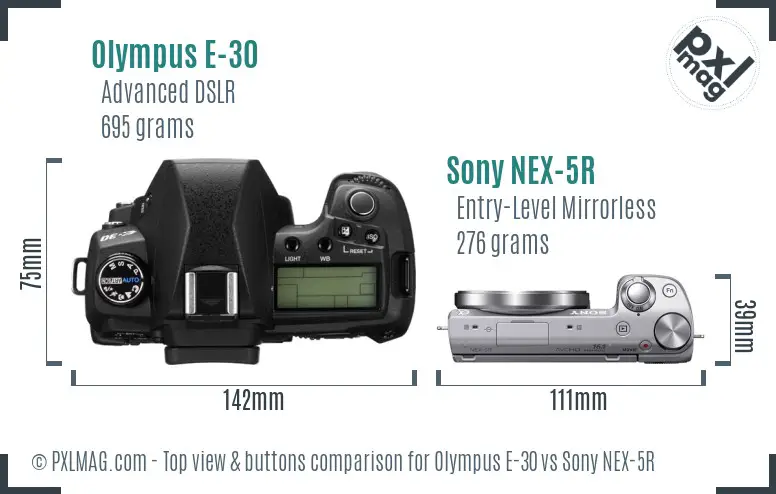 Olympus E-30 vs Sony NEX-5R top view buttons comparison