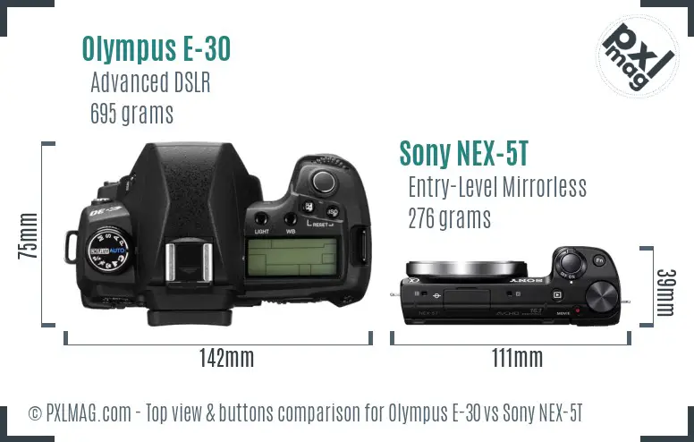 Olympus E-30 vs Sony NEX-5T top view buttons comparison
