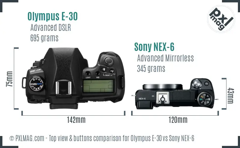 Olympus E-30 vs Sony NEX-6 top view buttons comparison