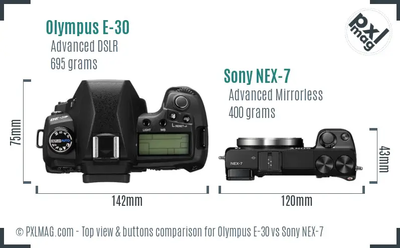 Olympus E-30 vs Sony NEX-7 top view buttons comparison