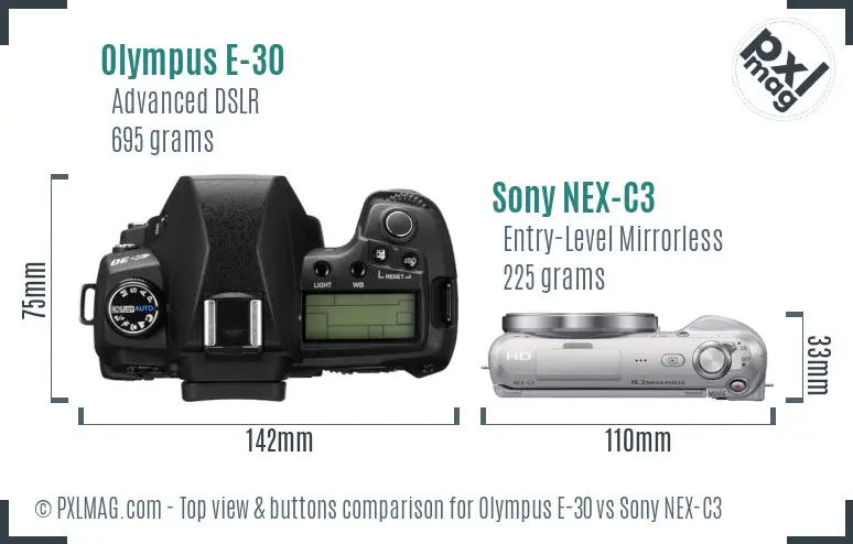 Olympus E-30 vs Sony NEX-C3 top view buttons comparison