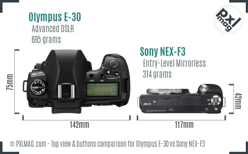 Olympus E-30 vs Sony NEX-F3 top view buttons comparison
