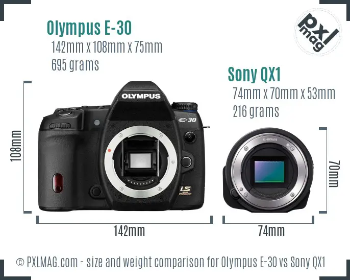 Olympus E-30 vs Sony QX1 size comparison