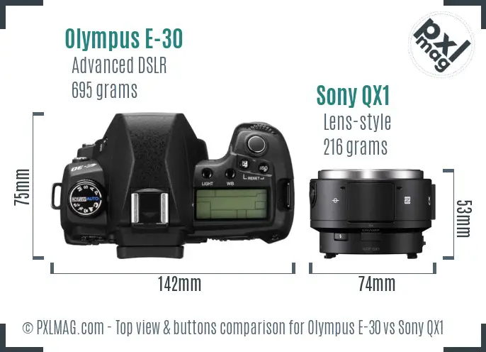 Olympus E-30 vs Sony QX1 top view buttons comparison