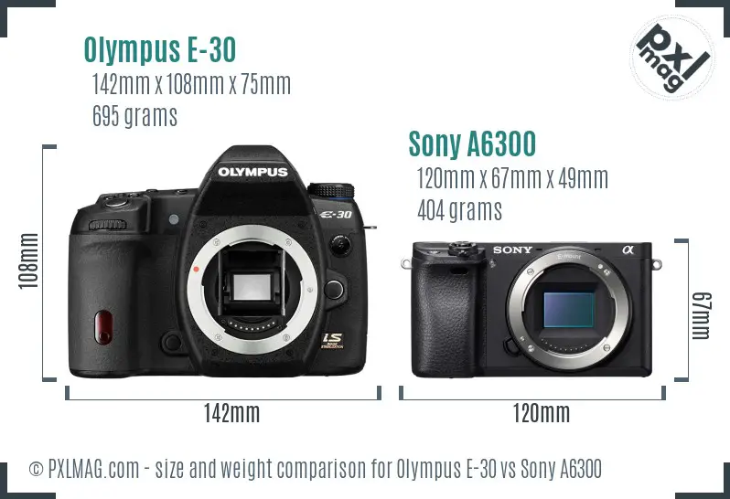 Olympus E-30 vs Sony A6300 size comparison