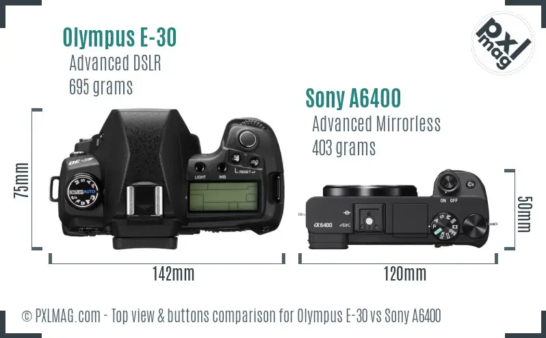 Olympus E-30 vs Sony A6400 top view buttons comparison