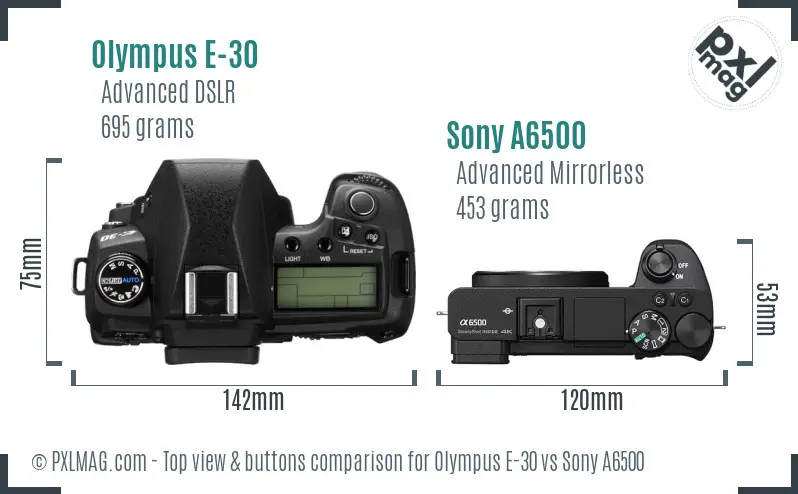 Olympus E-30 vs Sony A6500 top view buttons comparison