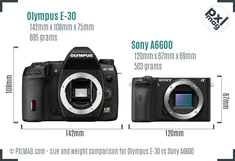 Olympus E-30 vs Sony A6600 size comparison