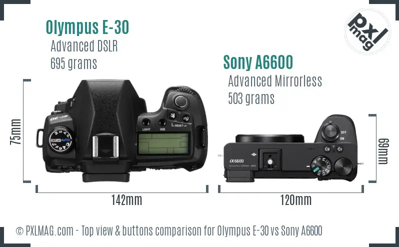 Olympus E-30 vs Sony A6600 top view buttons comparison